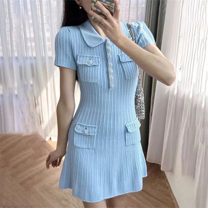 Robe pull femme col polo manches courtes maille slim avec poches
