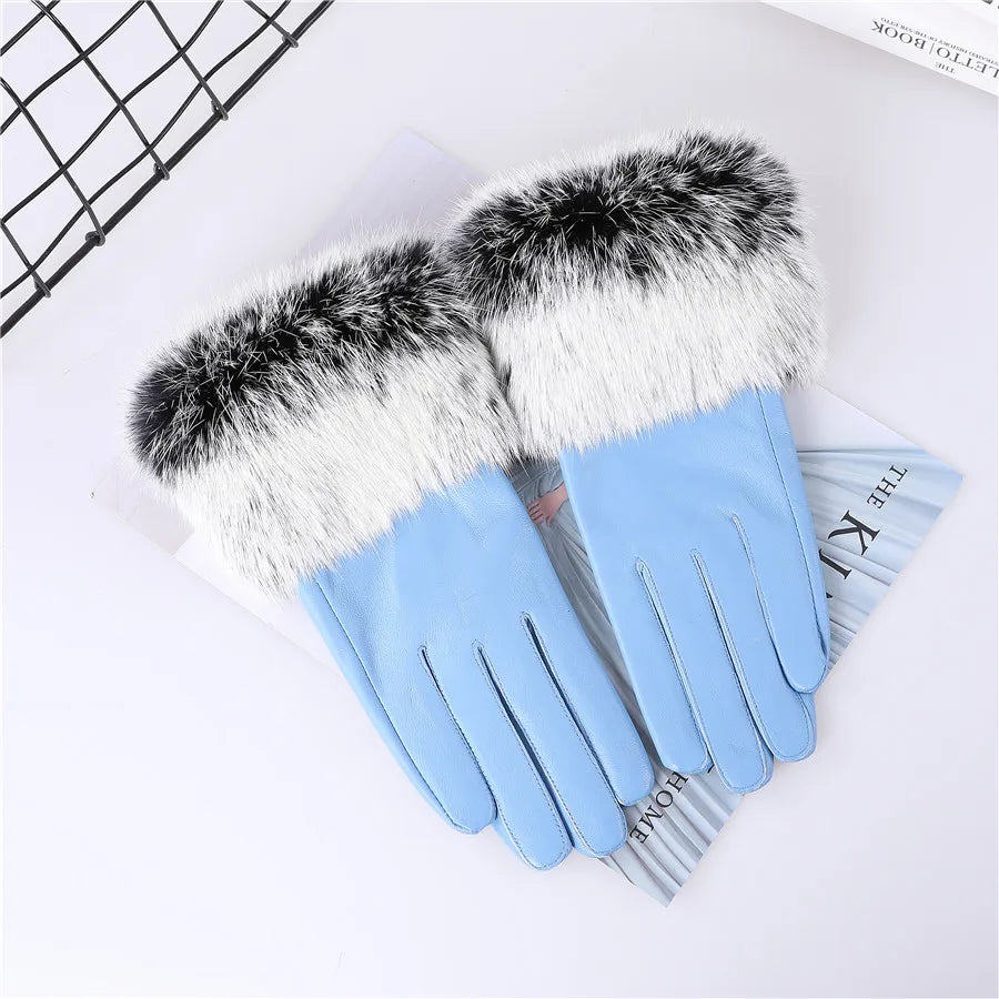 Gants cuir agneau femme doublure polaire avec poignets fourrure lapin