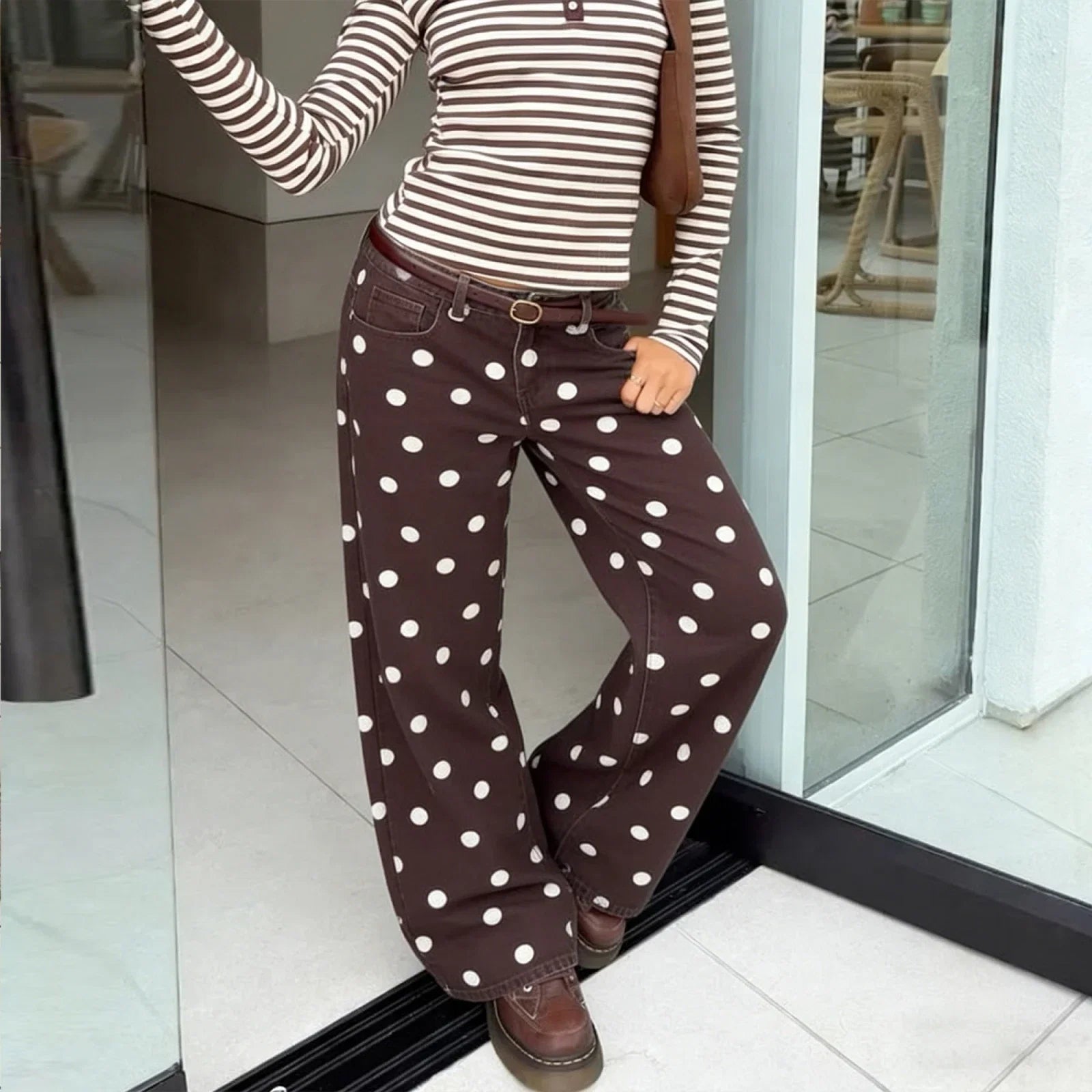 Jean femme | Taille haute, jambes larges | Style Y2K pois