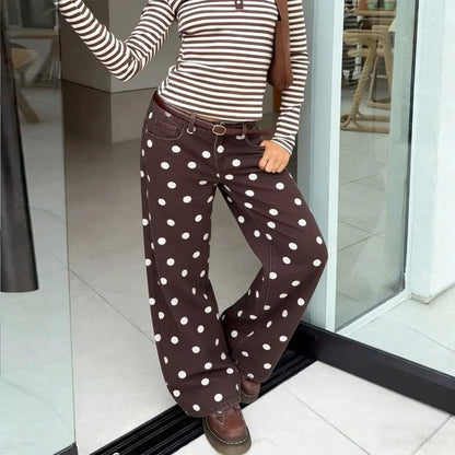 Jean femme | Taille haute, jambes larges | Style Y2K pois
