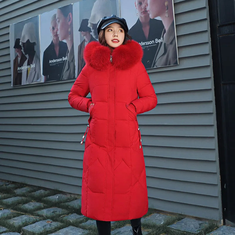 Doudoune longue femme capuche fourrure manches longues hiver, col fourrure zippée