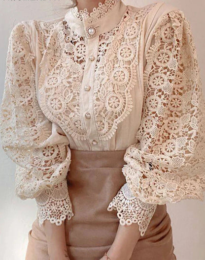 Chemise Col Haut Manches Bouffantes Dentelle Femme