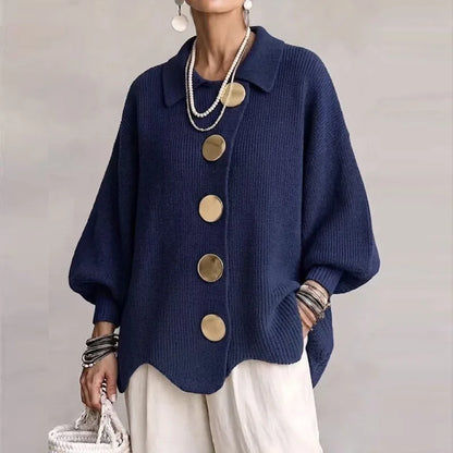 Cardigan tricoté côtelé oversize femme boutons dorés col rabattu ourlet festonné