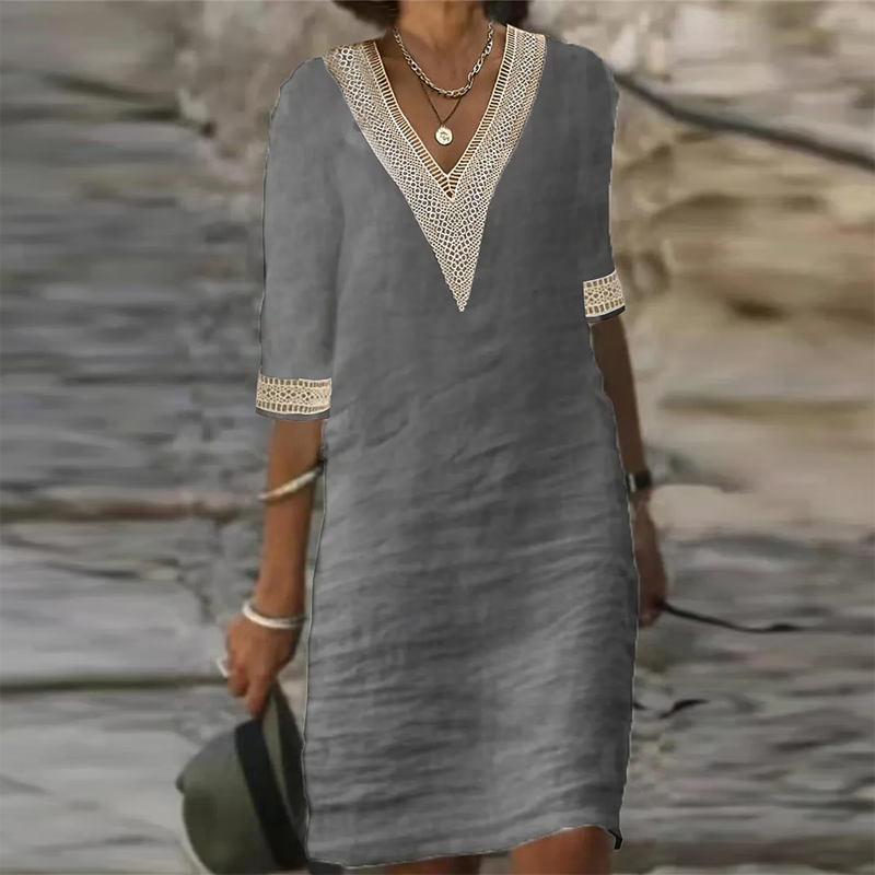 Robe d'Été Femme | Col V Dentelle, Manches 3/4 | Coupe Décontractée