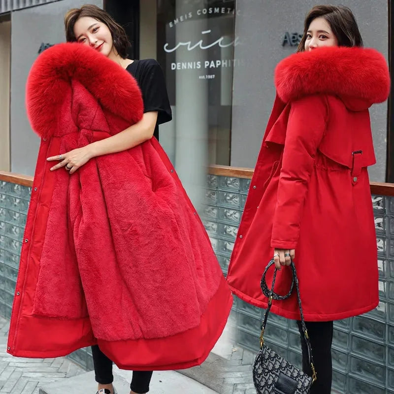 Doudoune longue femme capuche fourrure avec col fourrure et fermeture zippée