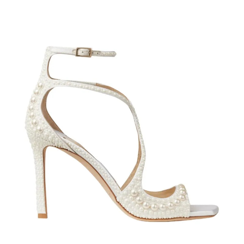 Sandales Talons Hauts Femme | Bride Perles, Ouverture Avant, Blanc