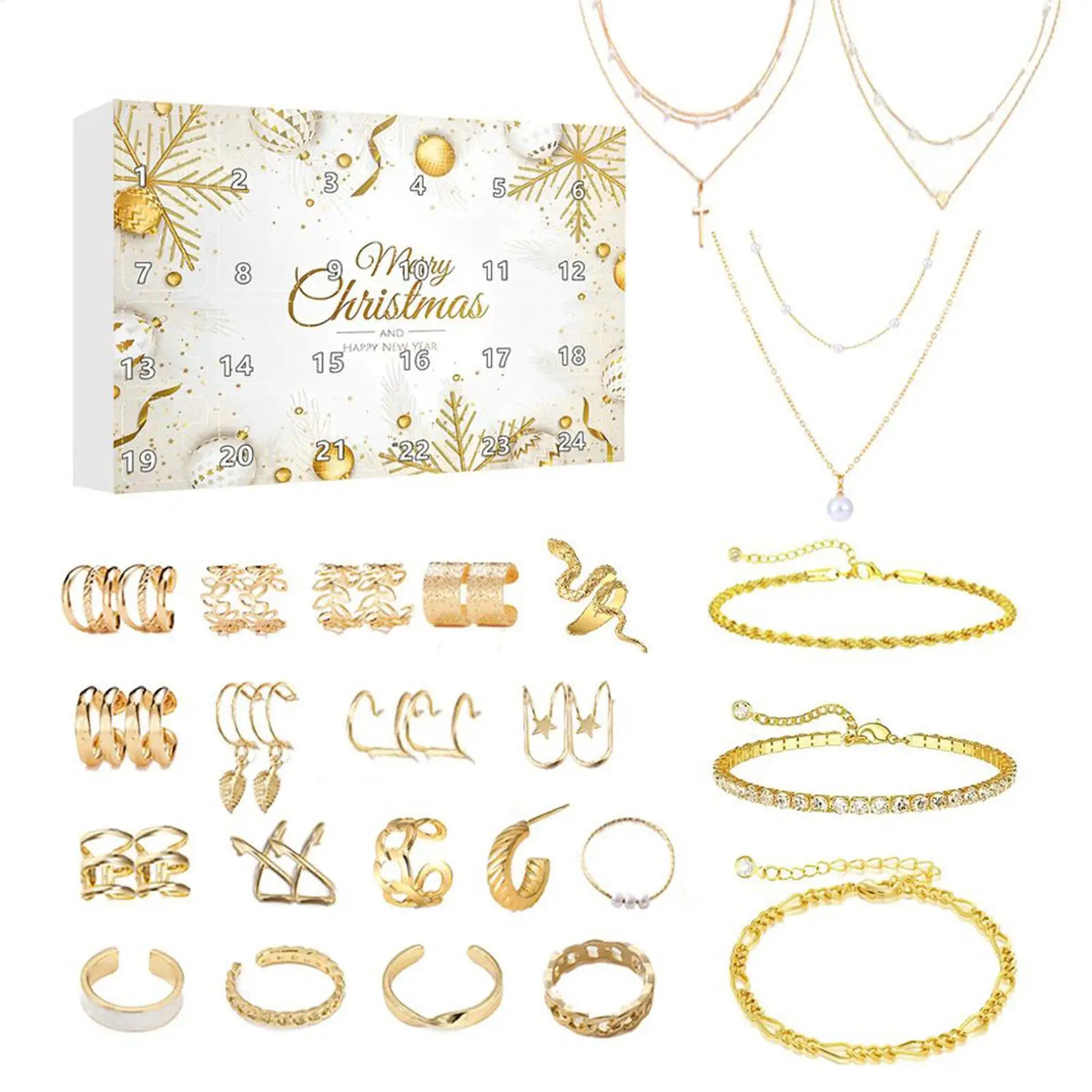 Calendrier de l'avent bijoux doré 24 jours Noël Femme Cadeau