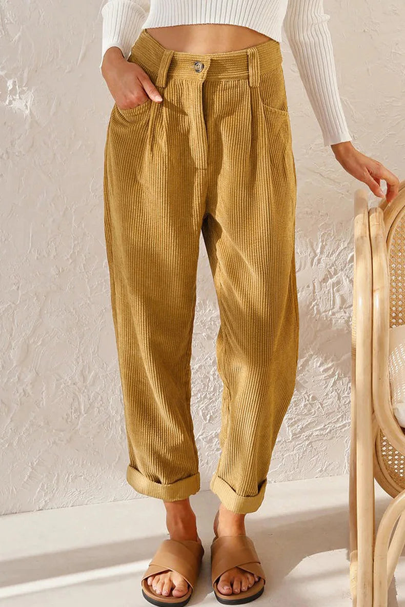 Pantalon velours femme taille élastique coupe droite côtelé couleur unie