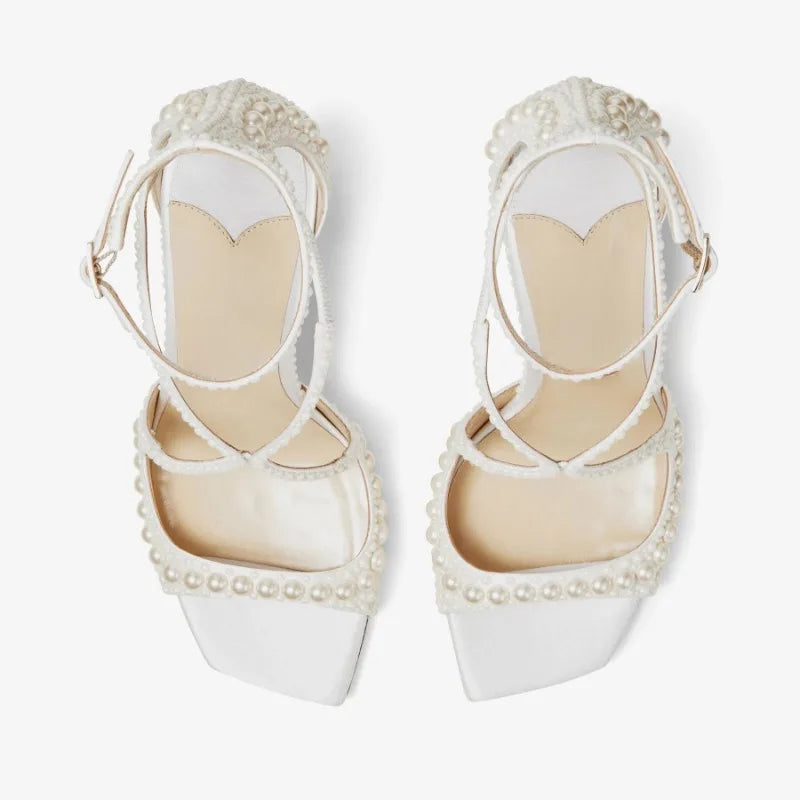 Sandales Talons Hauts Femme | Bride Perles, Ouverture Avant, Blanc