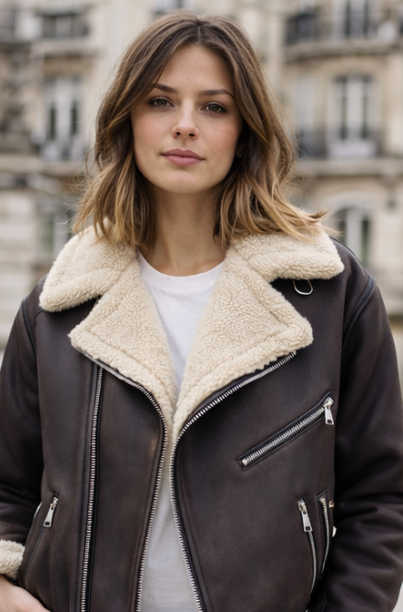 Veste femme courte | Fermeture éclair, col doublé | Marron