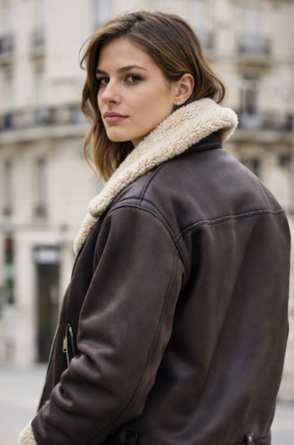 Veste femme courte | Fermeture éclair, col doublé | Marron