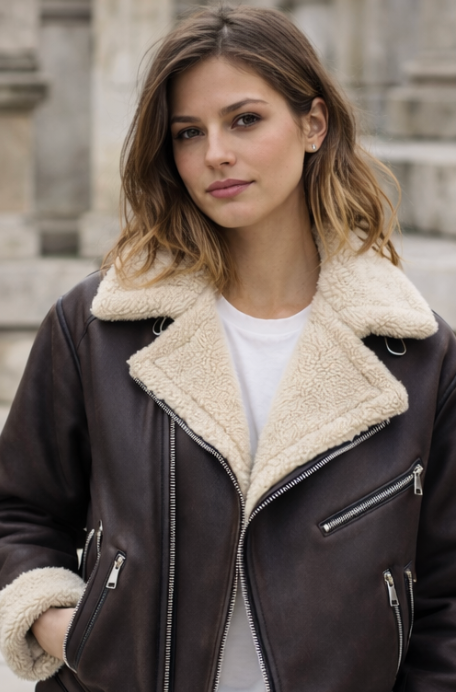 Veste femme courte | Fermeture éclair, col doublé | Marron