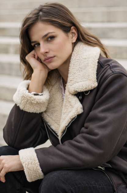 Veste femme courte | Fermeture éclair, col doublé | Marron