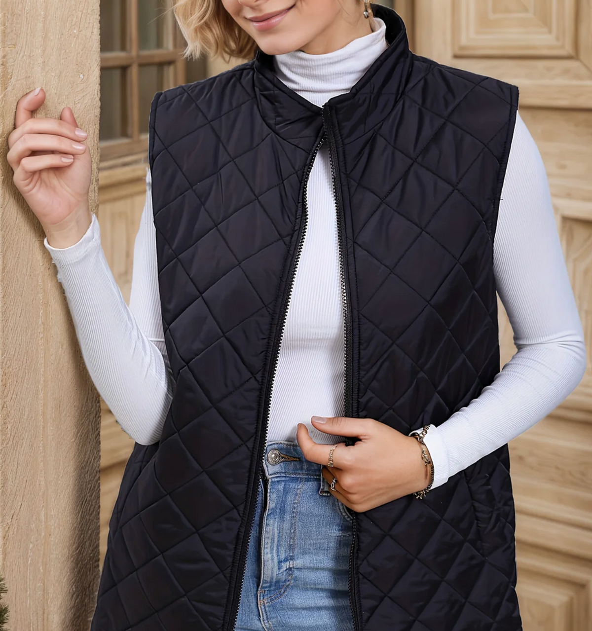 Gilet matelassé sans manches femme zippé avec poches latérales et col montant