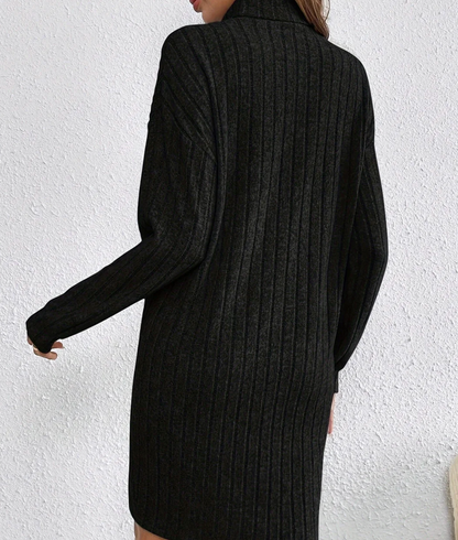 Robe pull femme mini col roulé manches longues maille côtelée