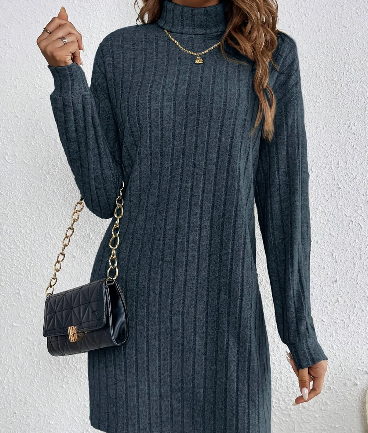 Robe pull femme mini col roulé manches longues maille côtelée