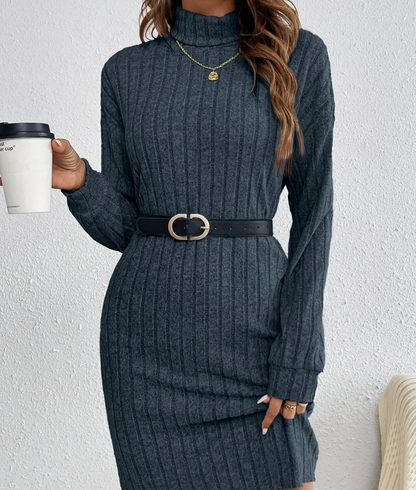 Robe pull femme mini col roulé manches longues maille côtelée