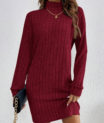 Robe pull femme mini col roulé manches longues maille côtelée