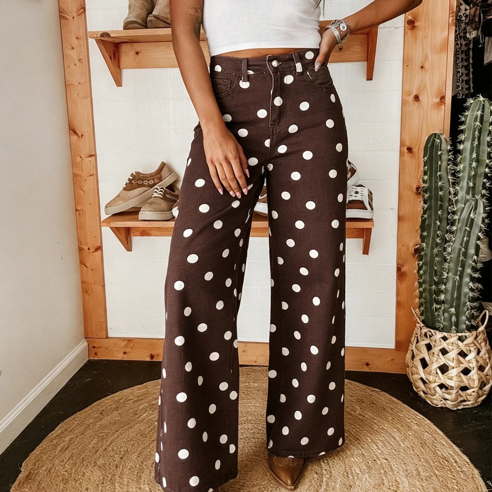 Jean femme | Taille haute, jambes larges | Style Y2K pois
