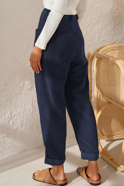 Pantalon velours femme taille élastique coupe droite côtelé couleur unie