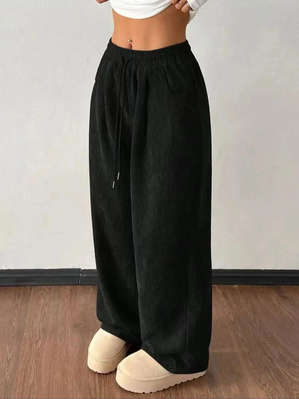 Pantalon velours femme taille élastique coupe large droite hiver