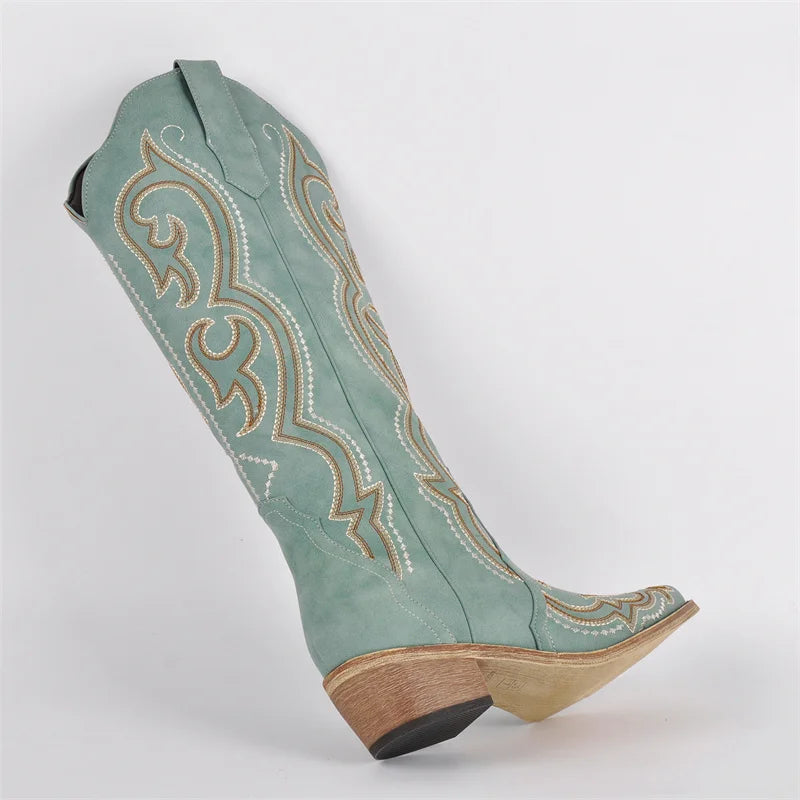Bottes de Cowboy Femme | Montantes Genou, Broderie Occidentale, Talon Épais