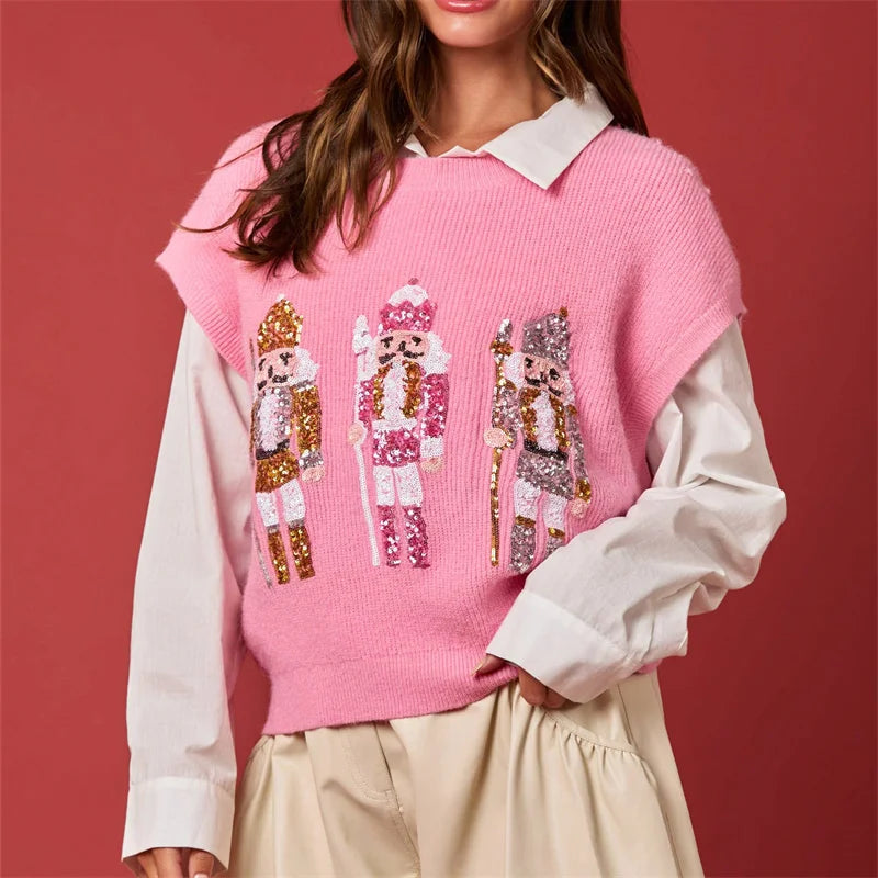 Pull de Noël femme gilet sequins paillettes motif Casse-Noisette sans manches