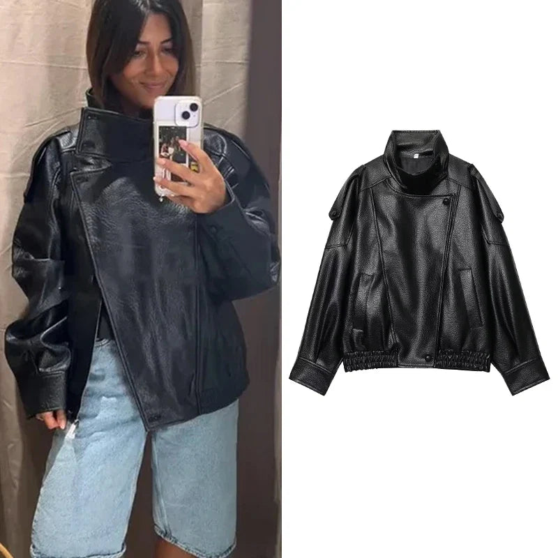 Veste en Cuir pour Femmes | Manches Longues, Boutonnée | Modèle Oversize
