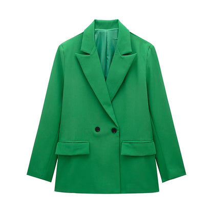 Blazer femme double boutonnage manches longues col en V cranté