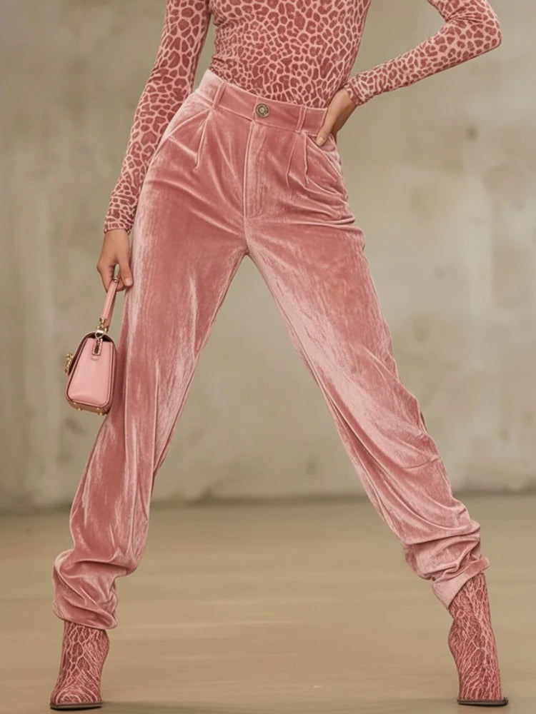 Pantalon velours femme taille haute plissé