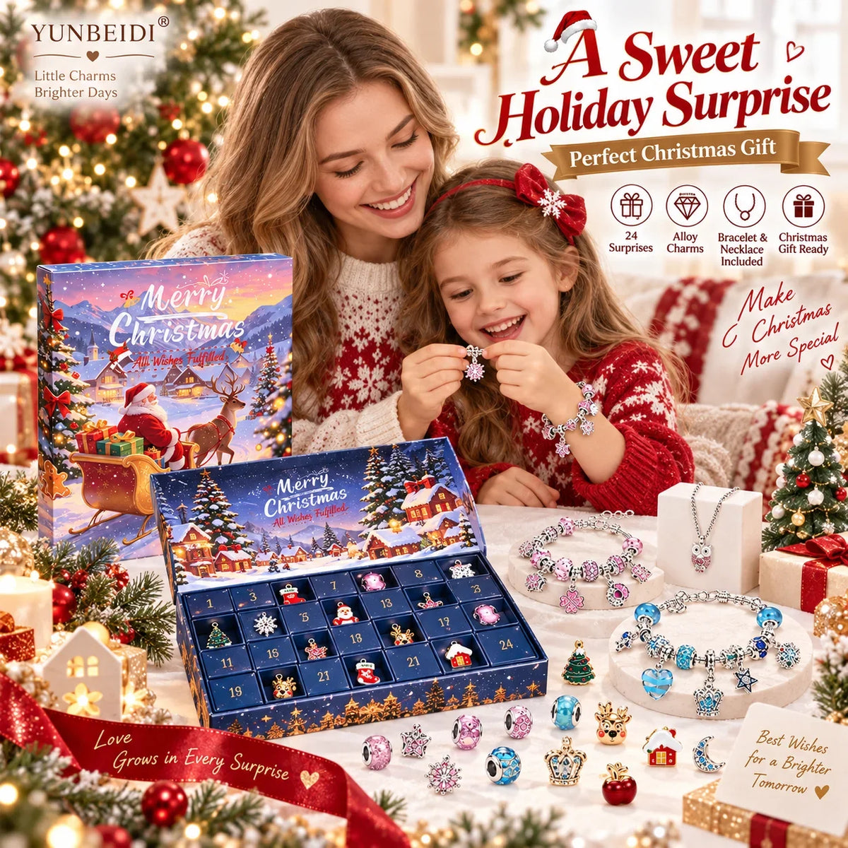 Calendrier de l'avent bracelet charms 24 jours métal Noël cadeau
