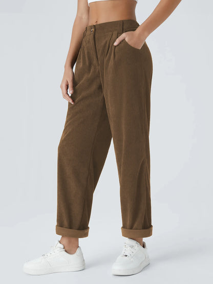 Pantalon velours femme jambe large coupe droite taille mi-haute casual automne hiver