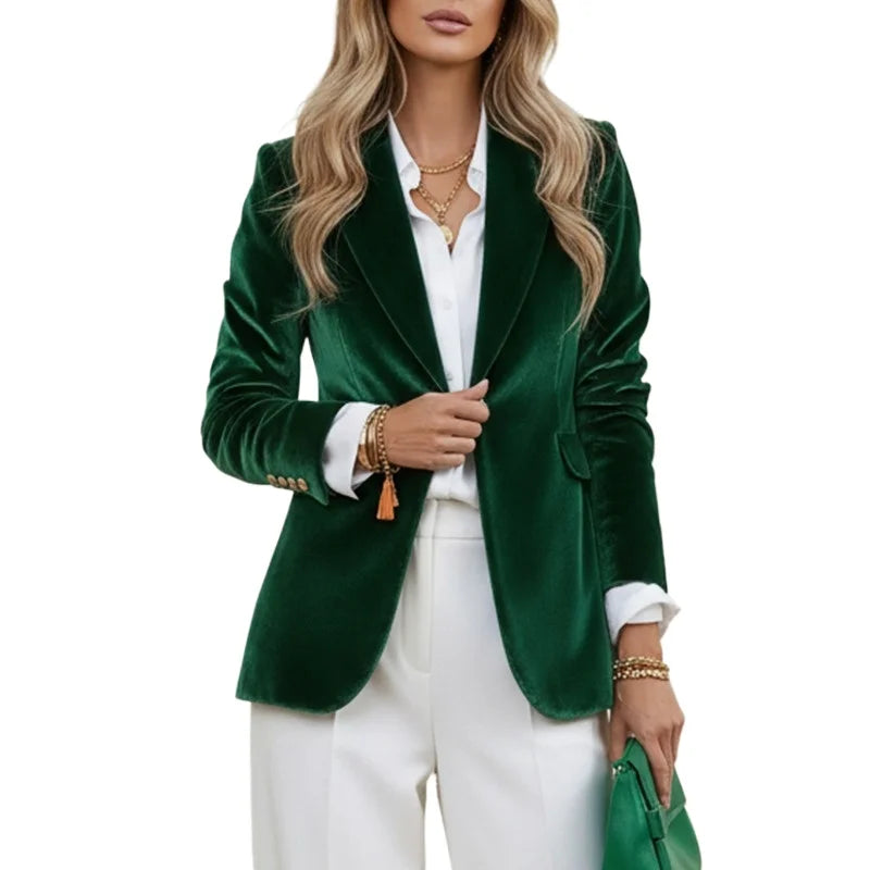Blazer velours femme cintré avec col cranté et bouton doré