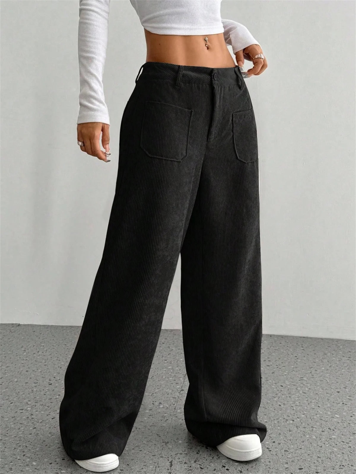Pantalon velours femme côtelé jambe large taille haute hiver