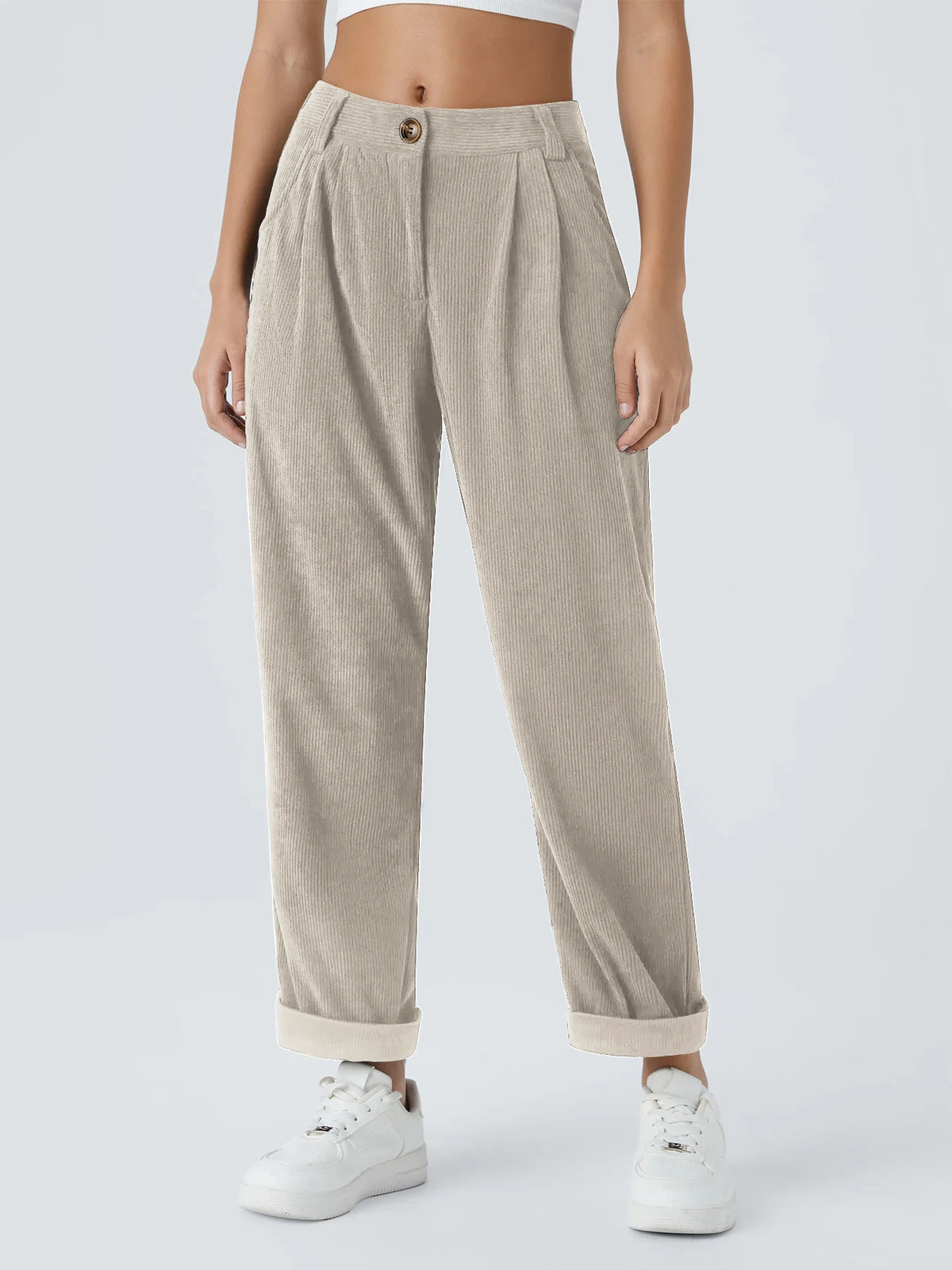 Pantalon velours femme jambe large coupe droite taille mi-haute casual automne hiver