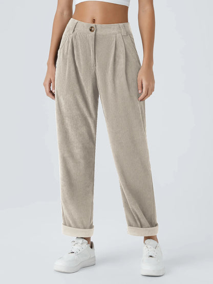 Pantalon velours femme jambe large coupe droite taille mi-haute casual automne hiver