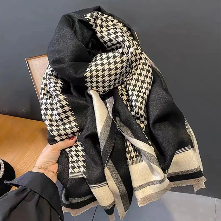 Écharpe homme femme jacquard pied-de-poule, noir et kaki, châle hiver
