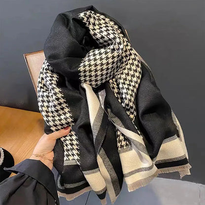 Écharpe homme femme jacquard pied-de-poule, noir et kaki, châle hiver