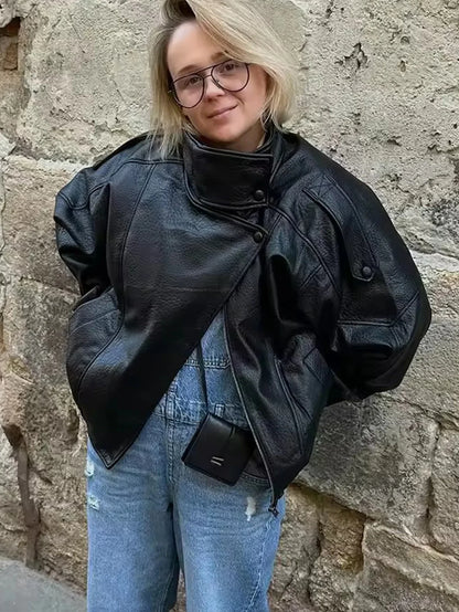 Veste en Cuir pour Femmes | Manches Longues, Boutonnée | Modèle Oversize