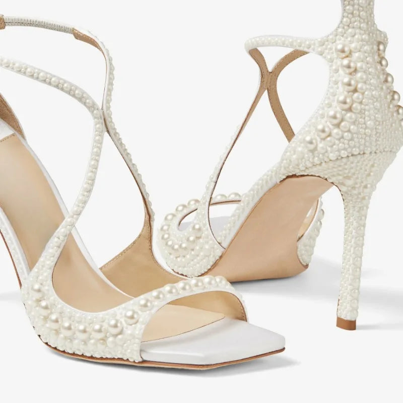 Sandales Talons Hauts Femme | Bride Perles, Ouverture Avant, Blanc