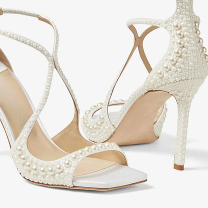 Sandales Talons Hauts Femme | Bride Perles, Ouverture Avant, Blanc