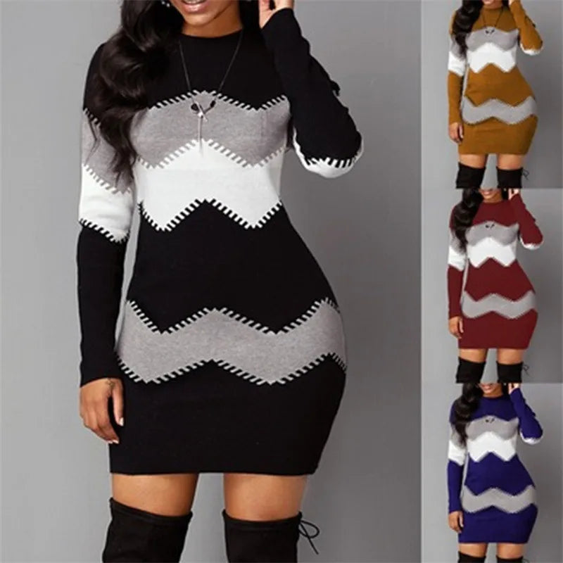 Robe pull femme col roulé patchwork manches longues mini maille automne hiver