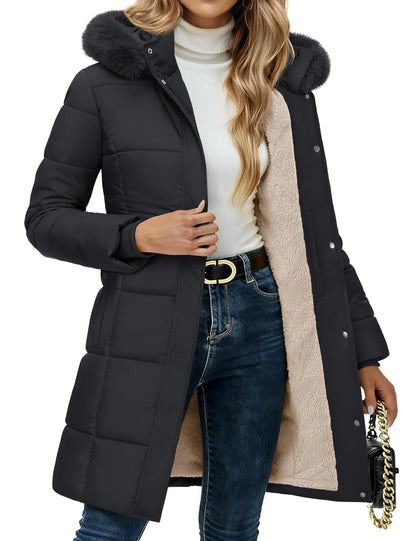 Doudoune longue femme capuche fourrure amovible avec doublure sherpa