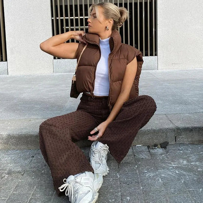 Doudoune courte femme sans manches col montant zippée coupe casual matelassée
