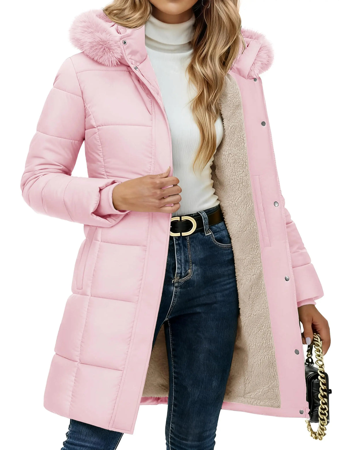 Doudoune longue femme capuche fourrure amovible avec doublure sherpa