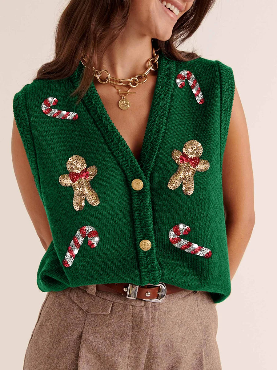 Pull de Noël femme gilet sequins paillettes motif Casse-Noisette sans manches