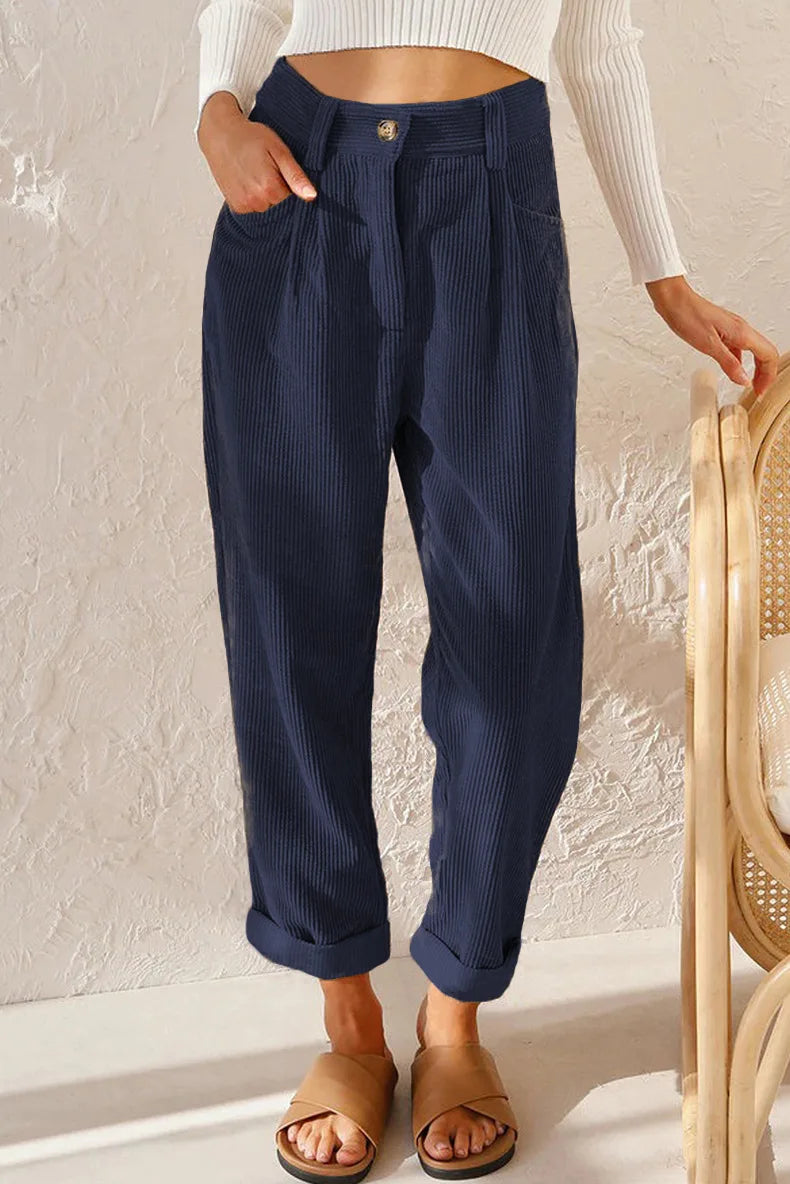 Pantalon velours femme taille élastique coupe droite côtelé couleur unie