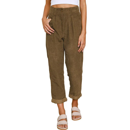 Pantalon velours femme taille élastique coupe droite côtelé couleur unie