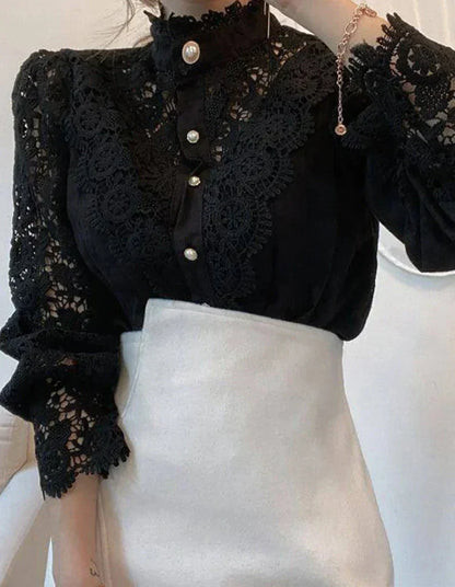 Chemise Col Haut Manches Bouffantes Dentelle Femme