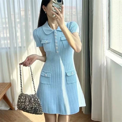 Robe pull femme col polo manches courtes maille slim avec poches